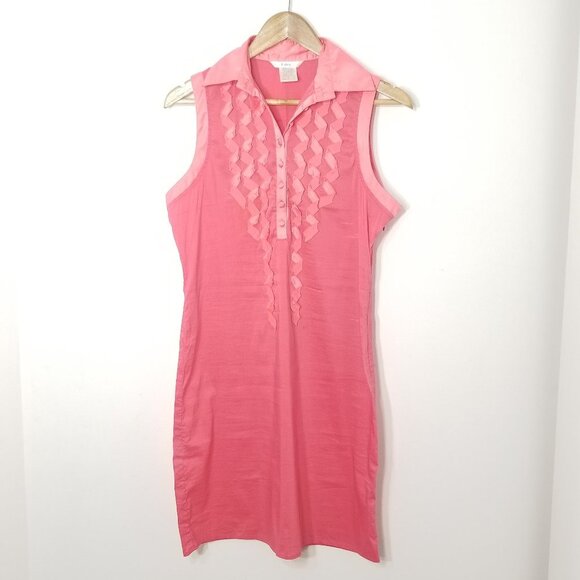 Esley Blush Coral Sleeveless Cotton Blend Polo Collar Button Ruff Detail Dress M - Picture 1 of 10